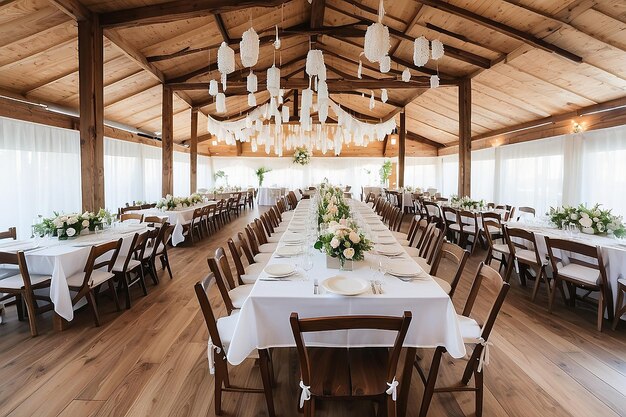 Beautifully decorated wooden wedding area with white covered tables