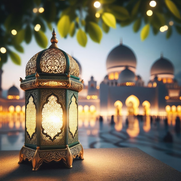 A beautifully designed lantern in the foreground with a mosque visible in the soft focus background