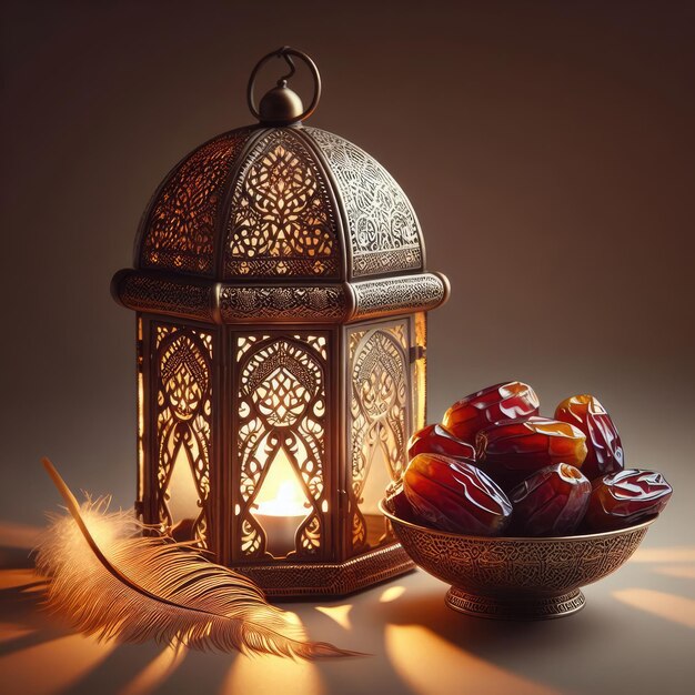 A beautifully designed ornate lantern emitting a soft glow placed next to a bowl filled with gloss