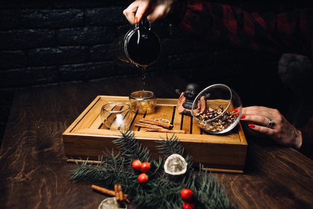 Beautifully designed tea set on the wood table
