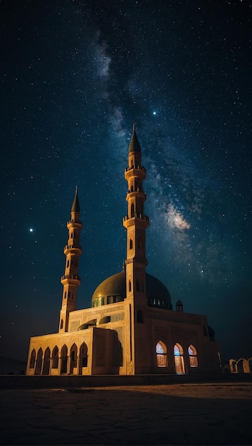 背景に星が描かれた夜の美しく詳細なカラフルなモスク