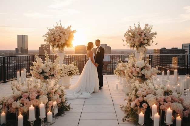 Красиво одетые невеста и жених стоят вместе перед украшенной свадебной аркой в свой особый день Свадьба на крыше с городским пейзажем в качестве фона