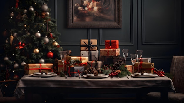 A beautifully and elegantly set table with presents and Christmas tree Dark colored retro vintage