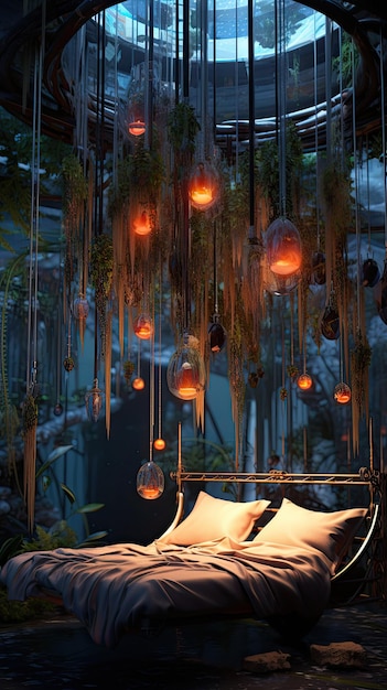 A beautifully illuminated bed with hanging lights creating a dreamy and cozy atmosphere