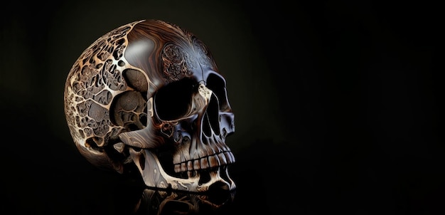 Beautifully intricated wood carving of black waln skull Dark background Generative AI