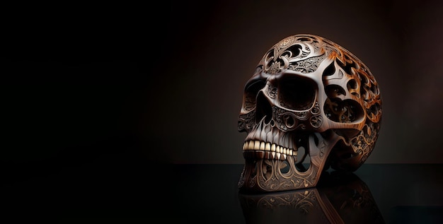 Beautifully intricated wood carving of black waln skull Dark background Generative AI