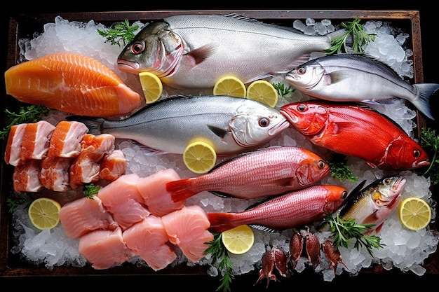 Beautifully laid out fresh fish on a counter on ice