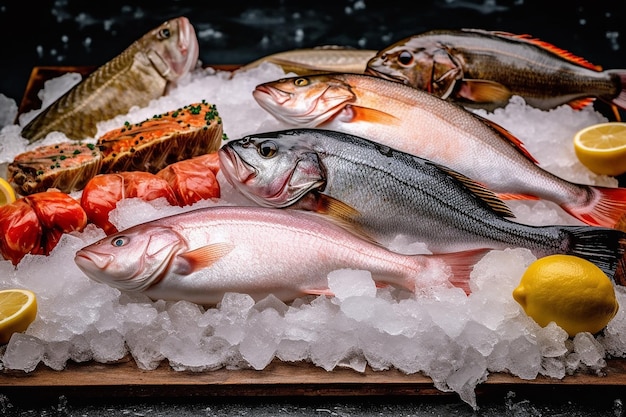 Beautifully laid out fresh fish on a counter on ice