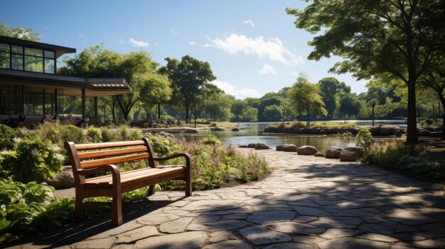 Foto parco pubblico splendidamente paesaggistico percorsi pedonali panchine e vegetazione diversificata che simboleggiano comm