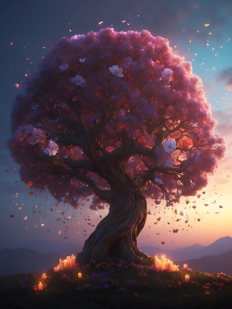 Foto un rendering cinematografico splendidamente illuminato di un albero dell'amore adornato con fiori colorati e circondato da