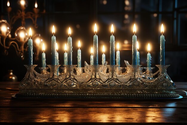 Photo a beautifully lit hanukkah menorah shammash celebrating festival jewish traditiongenerated with ai