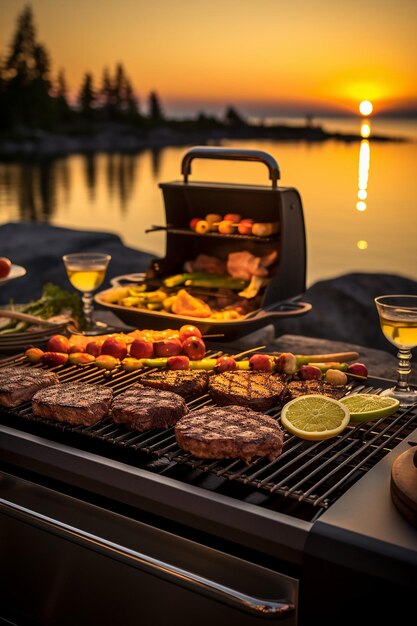 Photo a beautifully orchestrated grill scene taken during the golden hour