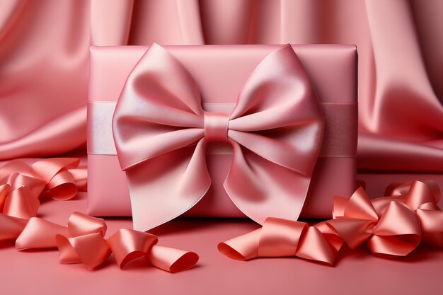 Photo a beautifully packaged pink gift box decorated with a bow on a soft pink background