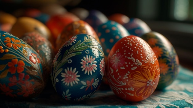 Beautifully Painted Easter Eggs in Floral Motifs Generative AI