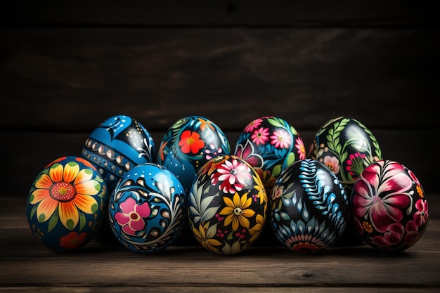 Beautifully Painted Eggs on Wooden Table