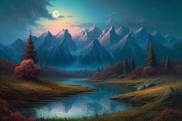 Beautifully Painted Landscape Featuring a Serene Lake