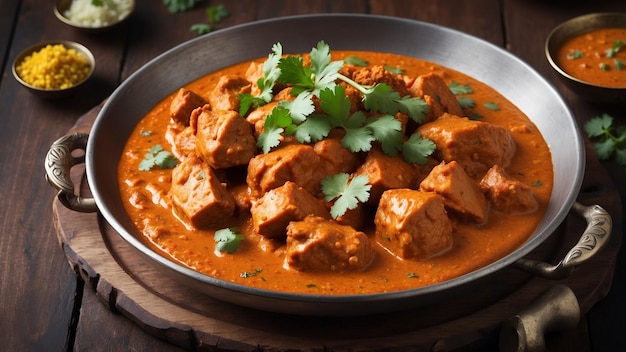 A beautifully plated chicken tikka masala steaming with rich aromatic spices sits atop a dark woo