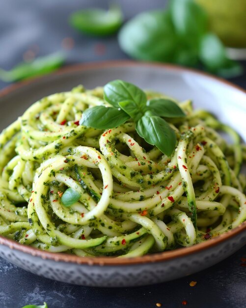 Foto un piatto splendidamente placcato di tagliatelle di zucchina con pesto che mostra zucchine perfettamente a spirale.