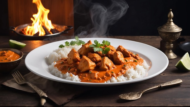 A beautifully presented plate of Chicken Tikka Masala steaming on a dark wood table the vibrant co