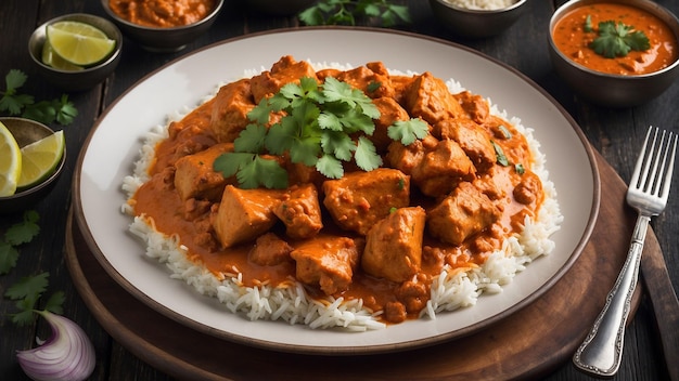 A beautifully presented plate of Chicken Tikka Masala steaming on a dark wood table the vibrant co