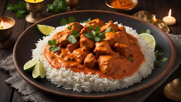A beautifully presented plate of Chicken Tikka Masala the vibrant orange hue of the sauce contrasti