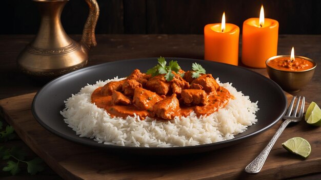 チキン・ティッカ・マサラ (Chicken Tikka Masala) の美しいプレゼンテーションソースの鮮やかなオレンジ色のコントラスト