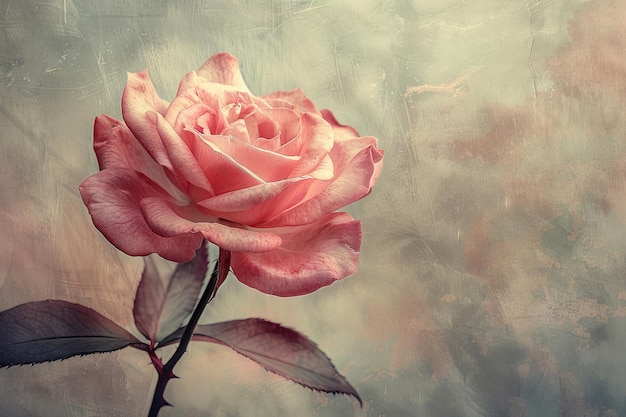 A beautifully rendered pink rose with a vintage feel stands solo on a richly textured artistic canvas exuding oldworld charm