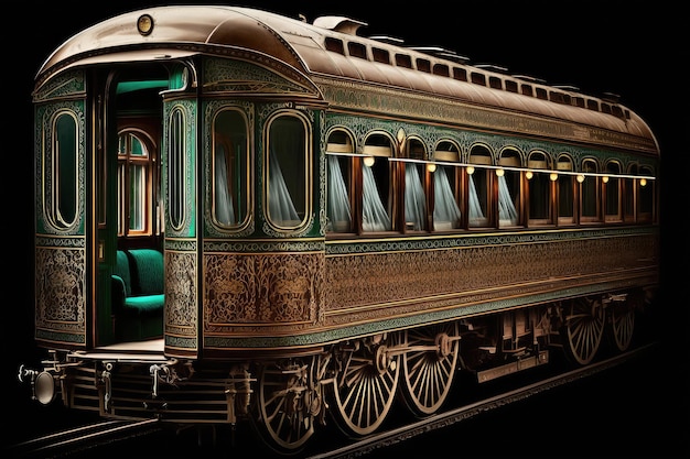 Carrozza ferroviaria d'epoca splendidamente restaurata con dettagli intricati e finiture eleganti