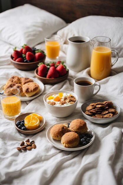 A beautifully set breakfast table with a variety of delicious dishes and steaming cups of coffee