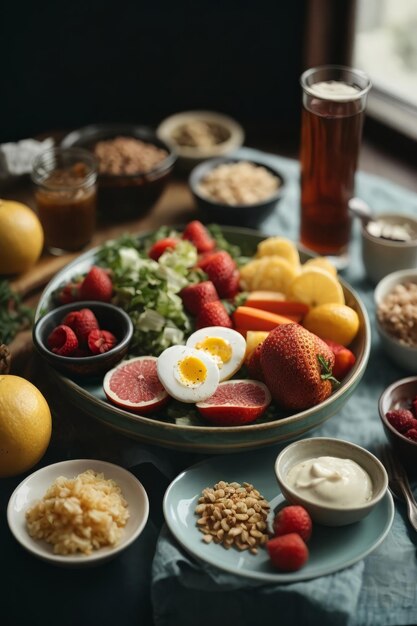 A beautifully set table filled with delicious food and vibrant fruit bowls