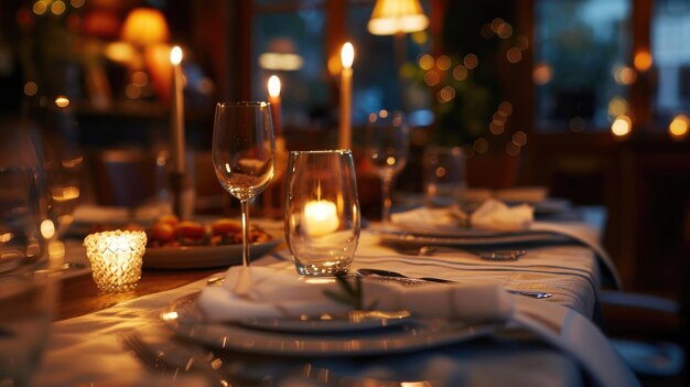 A beautifully set table with candles for a fancy dinner event