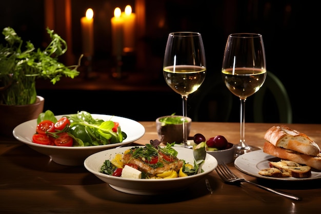 Красиво накрытый стол с вкусной едой и вином