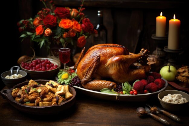 A beautifully set table with a delicious turkey fresh fruit and warm candles perfect for a Thanksgiving gathering Rustic Thanksgiving Dinner AI Generated AI Generated