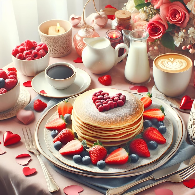 Красиво устроенный завтрак на День святого Валентина, на столе выделяются блинчики в форме сердца.