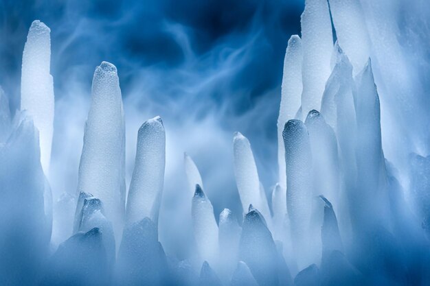 Beautifully shaped icicles on a mountain with blue sky