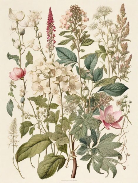 A beautifully weathered vintage botanical illustration portrays a collection of exquisite medicinal