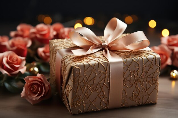 Photo a beautifully wrapped gift box with a heart tag a special surprise for valentine's day ai generated