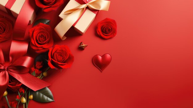 Beautifully wrapped gift box with a ribbon surrounded by red roses rose petalscreating a romantic and intimate atmosphere