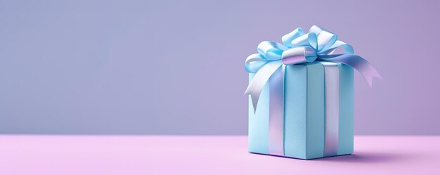 A beautifully wrapped gift with a blue ribbon on a pink surface against a purple background