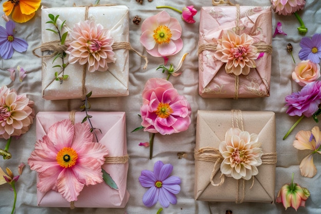 写真 柔らかい布の背景に麗な花で麗に包まれた贈り物を祝い,そして