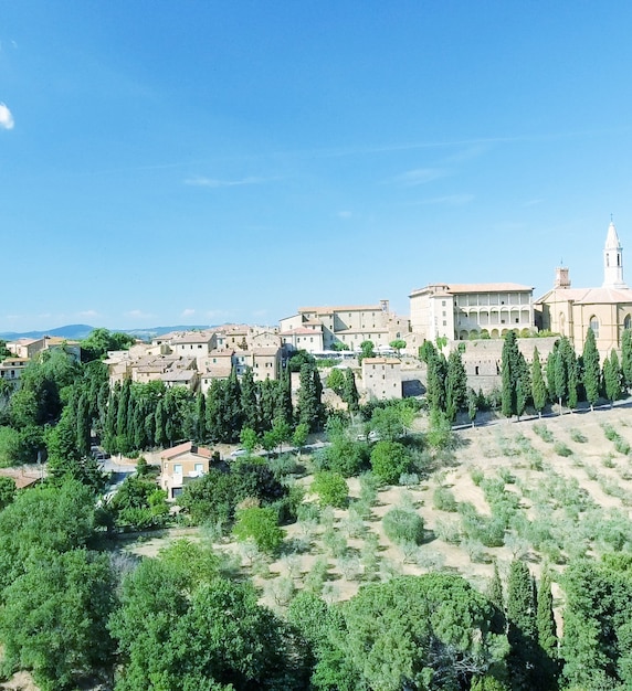 Beautiul aerial view of Pienza, Tuscany medieval town on the hill.