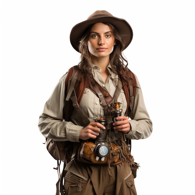 探検家の装備を着た美しい冒険的な女性