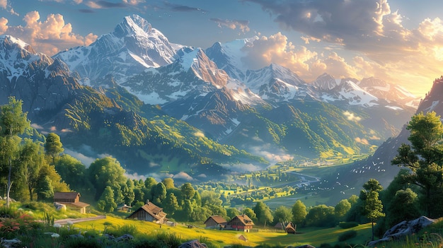 Beauty of the alpine landscape in summer Majestic mountains lush greenery