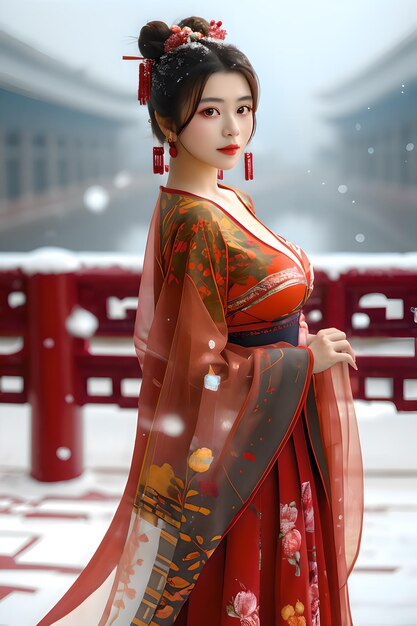 Photo the beauty in ancient costume in the snowy scenery