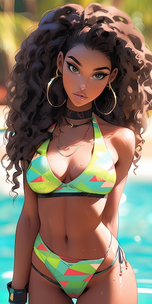 아름다움 애니메이션 검은 피부 소녀 모델 섹시한 비키니 여름 몸 랜스