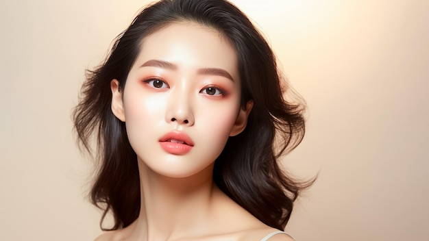 아시아 여성 미용 모델이 빈 공간에서 건강한 얼굴 피부를 가진 피부 관리 및 메이크업 AI 생성