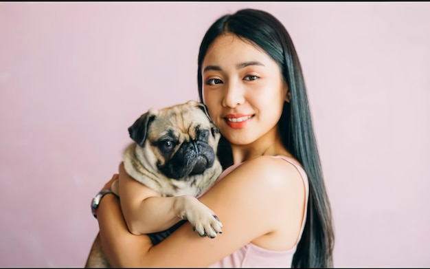 Beauty Asian young woman holding dog pug breed on her arm smile and happiness