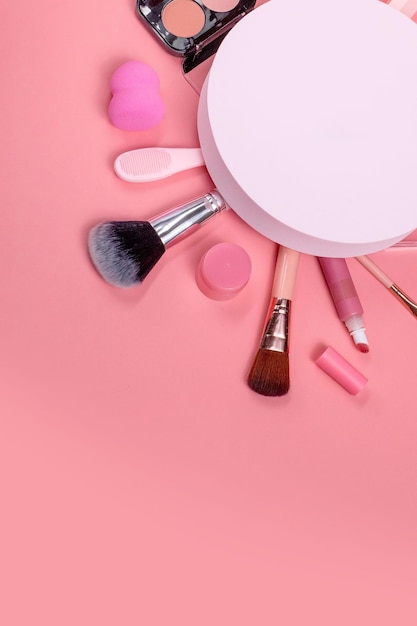 Beauty background with facial cosmetic products with empty copy space Makeup skin care concept with pastel colored background