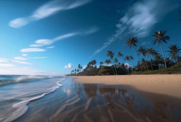 The Beauty of the Beach with Blue Sky and Beautiful Clouds with Coconut Trees in the Morning