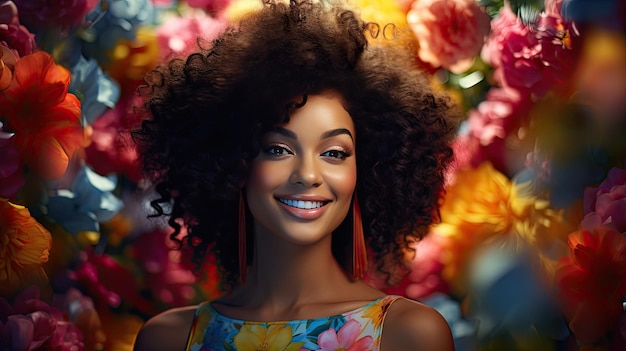 Красота красивой африканской женщины на фоне ярких цветов